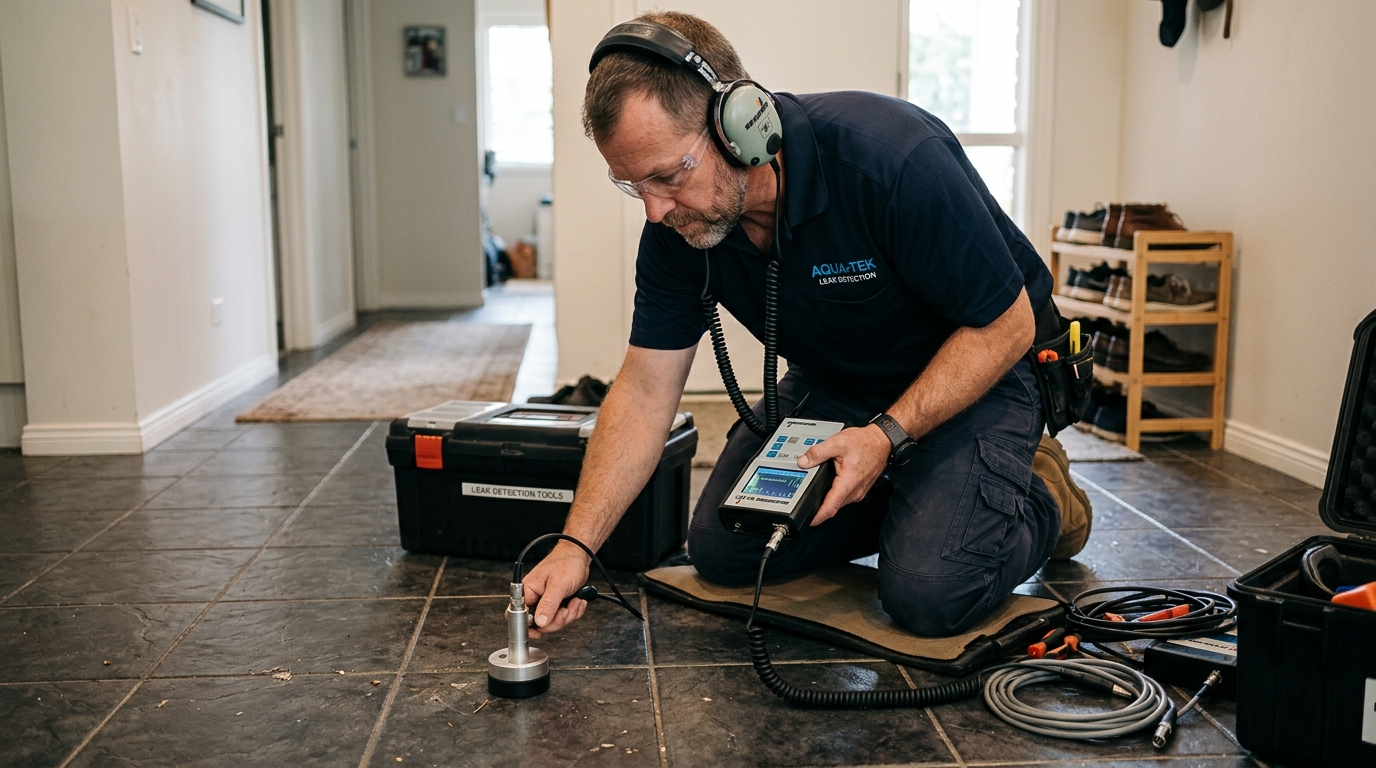 Plumbing technician performing electronic acoustic leak detection on Midland Texas home foundation