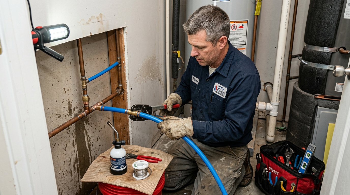 Licensed plumber repairing burst water line in Midland Texas residential home