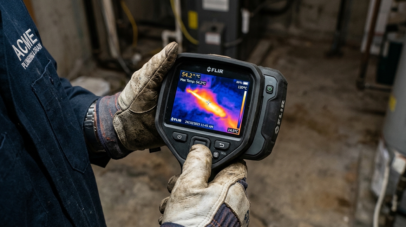 FLIR thermal camera showing hot water slab leak signature beneath residential concrete in Midland TX