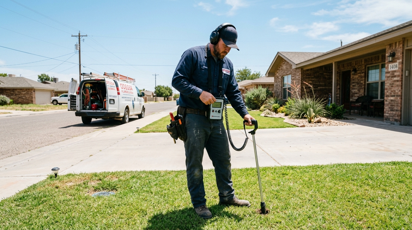 Midland technician using acoustic listening rod on residential lawn to pinpoint underground yard main line leak